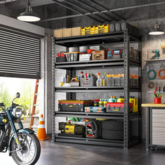 Garage storage shelves help organize tools, storage bins, sports equipment, and household supplies for a cleaner space.