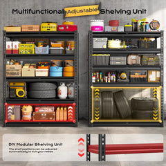 Adjustable height shelving unit allows flexible shelf placement to store different size bins, tools, and household items.