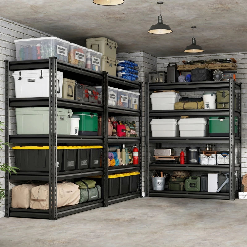 Garage storage shelves help organize tools, storage bins, sports equipment, and household supplies for a cleaner space.