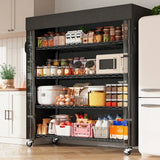 Black metal shelving unit in a kitchen with various items on shelves.