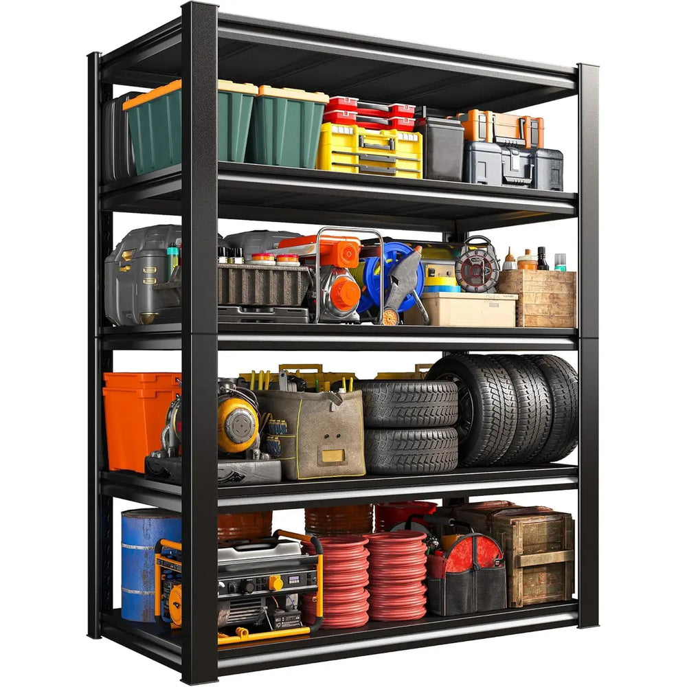 The durable metal storage shelves are designed to hold tools, boxes, storage bins, automotive supplies, and equipment.