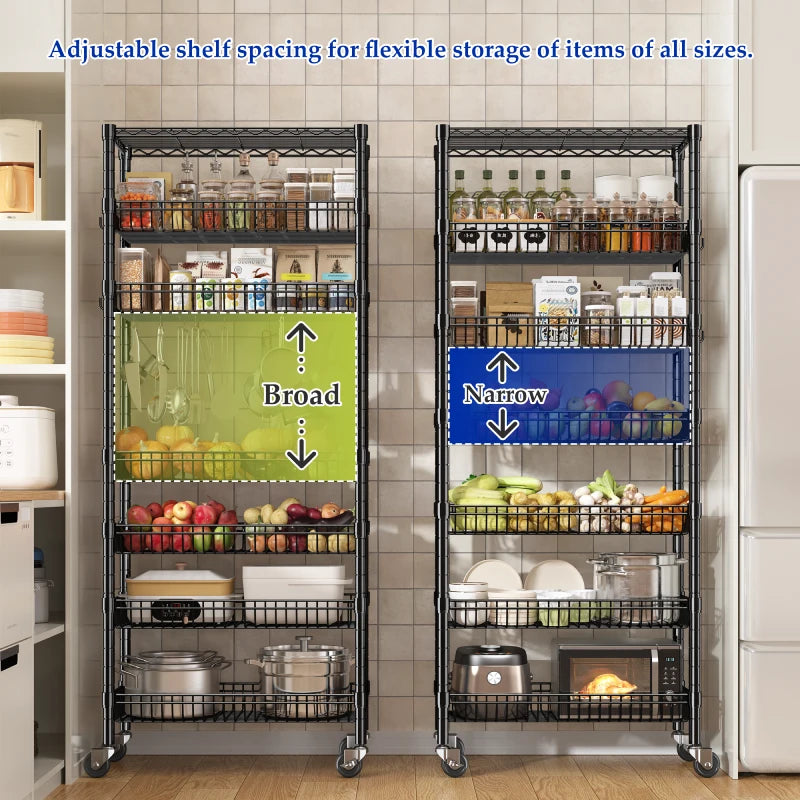 REIBII 7-Tier Rolling Wire Shelving Unit, 600LBS Adjustable Storage Rack with Deep Basket, Locking Wheels and Side Hooks, Tool-Free Assembly for Kitchen Pantry Closet