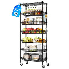 REIBII 7-Tier Rolling Wire Shelving Unit, 600LBS Adjustable Storage Rack with Deep Basket, Locking Wheels and Side Hooks, Tool-Free Assembly for Kitchen Pantry Closet