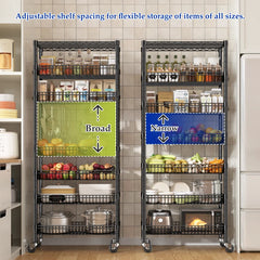 REIBII 7-Tier Rolling Wire Shelving Unit, 600LBS Adjustable Storage Rack with Deep Basket, Locking Wheels and Side Hooks, Tool-Free Assembly for Kitchen Pantry Closet