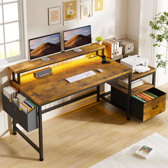 57"W Gaming Computer Desk with Monitor Stand Shelves, Modern Office Desk with Drawers
