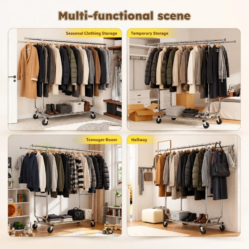 Raybee 75"W x 68"H Double Rolling Clothes Rack with Wheels,650LBS Heavy-Duty Commercial Garment Rack, For Bedroom