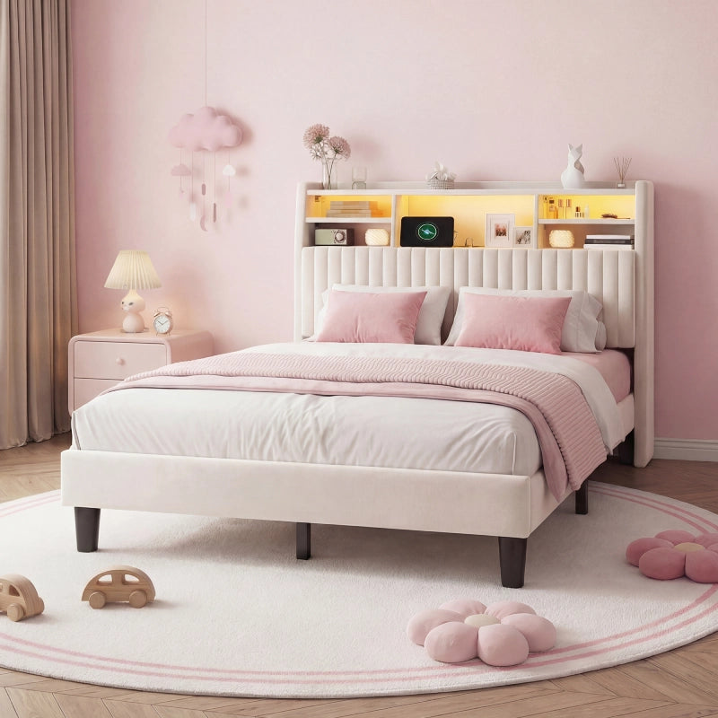 Reibii Multi-Tier Storage Upholstered Bed Frame with Velvet Headboard, LED Lights & Charging Station, Noise-Free, No Box Spring Needed