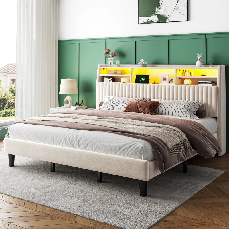 Reibii Multi-Tier Storage Upholstered Bed Frame with Velvet Headboard, LED Lights & Charging Station, Noise-Free, No Box Spring Needed