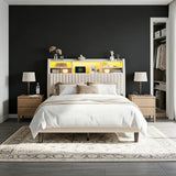 Reibii Multi-Tier Storage Upholstered Bed Frame with Velvet Headboard, LED Lights & Charging Station, Noise-Free, No Box Spring Needed
