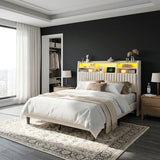 Reibii Multi-Tier Storage Upholstered Bed Frame with Velvet Headboard, LED Lights & Charging Station, Noise-Free, No Box Spring Needed