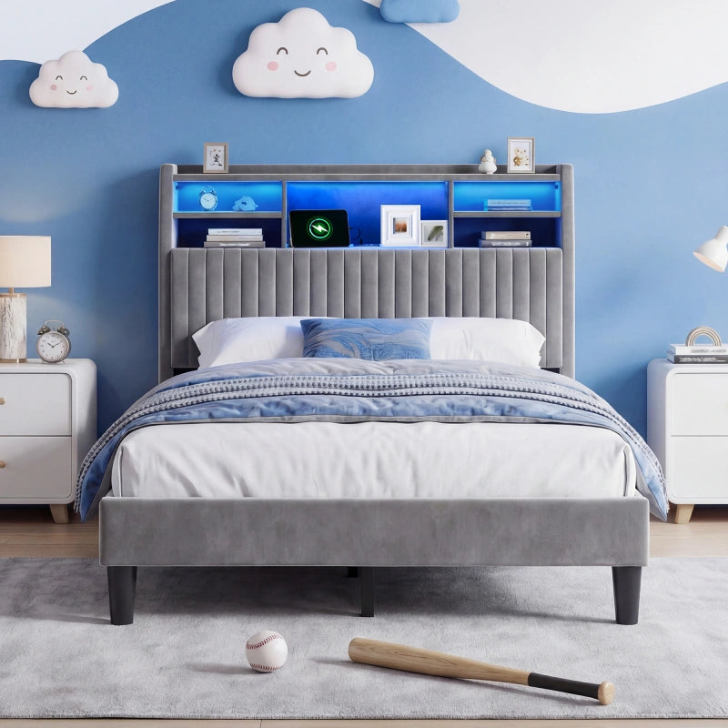 Reibii Multi-Tier Storage Upholstered Bed Frame with Velvet Headboard, LED Lights & Charging Station, Noise-Free, No Box Spring Needed