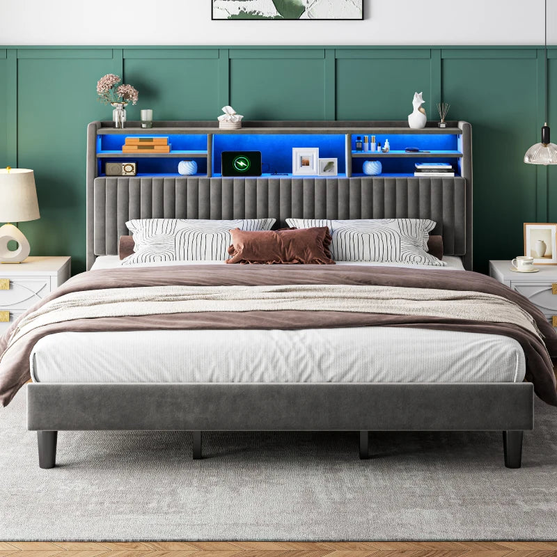 Reibii Multi-Tier Storage Upholstered Bed Frame with Velvet Headboard, LED Lights & Charging Station, Noise-Free, No Box Spring Needed