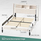 Reibii Multi-Tier Storage Upholstered Bed Frame with Velvet Headboard, LED Lights & Charging Station, Noise-Free, No Box Spring Needed