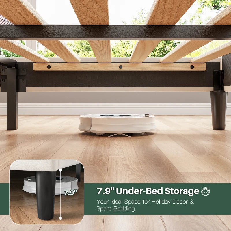 Reibii Multi-Tier Storage Upholstered Bed Frame with Velvet Headboard, LED Lights & Charging Station, Noise-Free, No Box Spring Needed