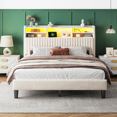 Reibii Multi-Tier Storage Upholstered Bed Frame with Velvet Headboard, LED Lights & Charging Station, Noise-Free, No Box Spring Needed