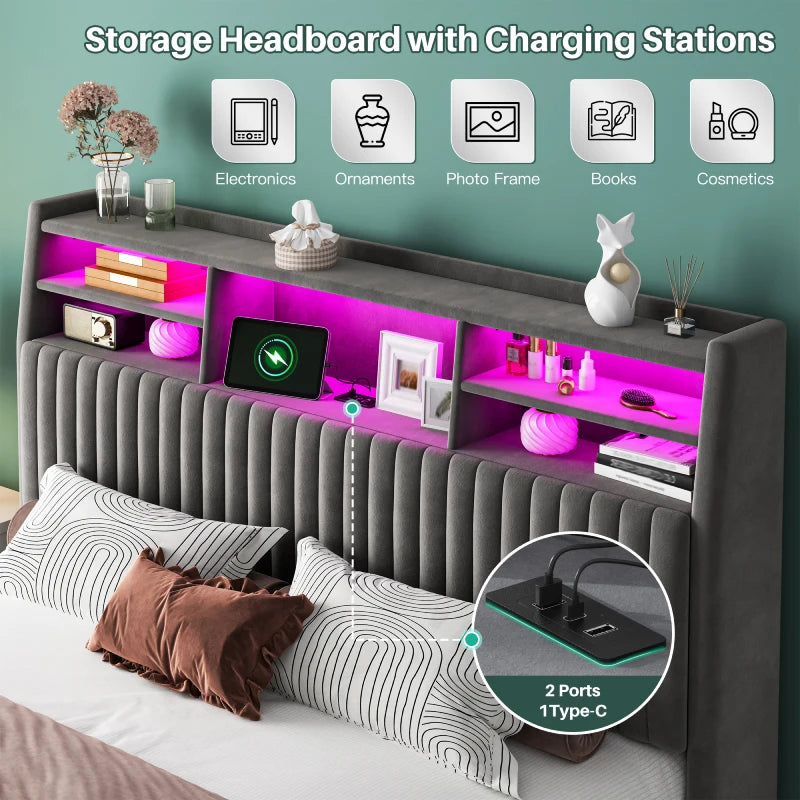Reibii Multi-Tier Storage Upholstered Bed Frame with Velvet Headboard, LED Lights & Charging Station, Noise-Free, No Box Spring Needed