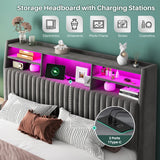 Reibii Multi-Tier Storage Upholstered Bed Frame with Velvet Headboard, LED Lights & Charging Station, Noise-Free, No Box Spring Needed
