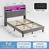 Reibii Multi-Tier Storage Upholstered Bed Frame with Velvet Headboard, LED Lights & Charging Station, Noise-Free, No Box Spring Needed