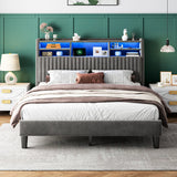 Reibii Multi-Tier Storage Upholstered Bed Frame with Velvet Headboard, LED Lights & Charging Station, Noise-Free, No Box Spring Needed