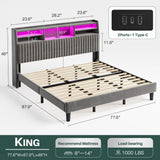 Reibii Multi-Tier Storage Upholstered Bed Frame with Velvet Headboard, LED Lights & Charging Station, Noise-Free, No Box Spring Needed