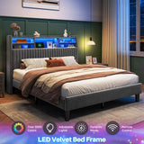 Reibii Multi-Tier Storage Upholstered Bed Frame with Velvet Headboard, LED Lights & Charging Station, Noise-Free, No Box Spring Needed