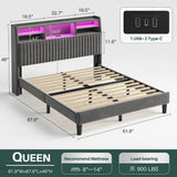 Reibii Multi-Tier Storage Upholstered Bed Frame with Velvet Headboard, LED Lights & Charging Station, Noise-Free, No Box Spring Needed