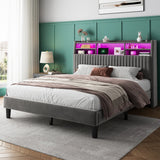 Reibii Multi-Tier Storage Upholstered Bed Frame with Velvet Headboard, LED Lights & Charging Station, Noise-Free, No Box Spring Needed