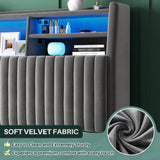 Reibii Multi-Tier Storage Upholstered Bed Frame with Velvet Headboard, LED Lights & Charging Station, Noise-Free, No Box Spring Needed