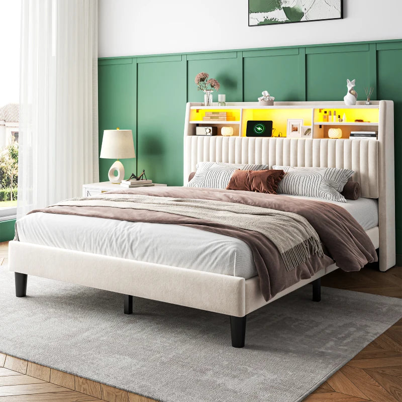 Reibii Multi-Tier Storage Upholstered Bed Frame with Velvet Headboard, LED Lights & Charging Station, Noise-Free, No Box Spring Needed