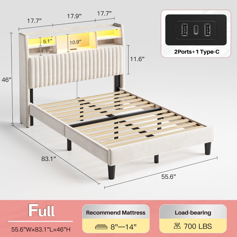 Reibii Multi-Tier Storage Upholstered Bed Frame with Velvet Headboard, LED Lights & Charging Station, Noise-Free, No Box Spring Needed