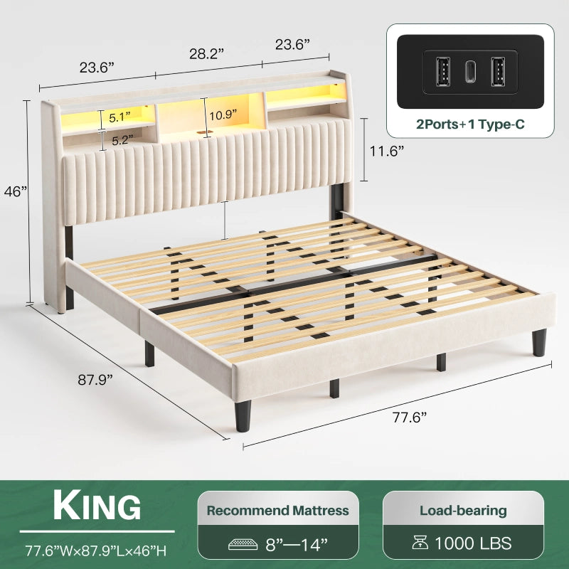Reibii Multi-Tier Storage Upholstered Bed Frame with Velvet Headboard, LED Lights & Charging Station, Noise-Free, No Box Spring Needed