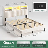 Reibii Multi-Tier Storage Upholstered Bed Frame with Velvet Headboard, LED Lights & Charging Station, Noise-Free, No Box Spring Needed