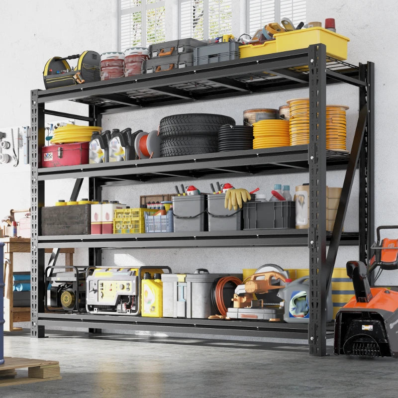 Heavy duty garage shelving unit with 4-tier metal storage shelves for organizing tools, equipment, and household items.