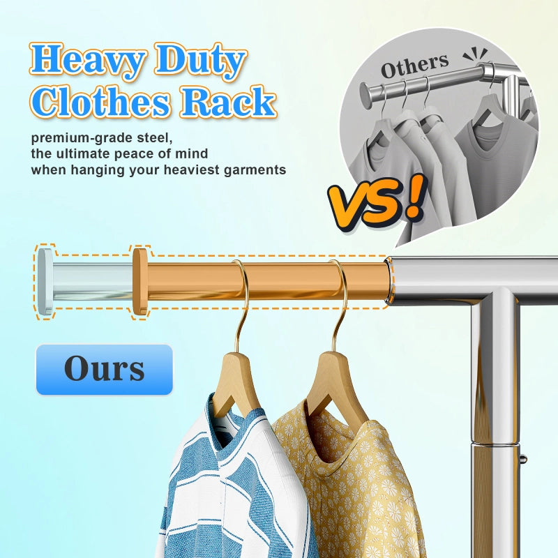 Raybee Heavy Duty Extendable Clothes Rack, 75"W Adjustable Rolling Garment Rack with Storage Shelf, 360° Lockable Wheels & Tool-Free Assembly for Bedroom Dorm Laundry
