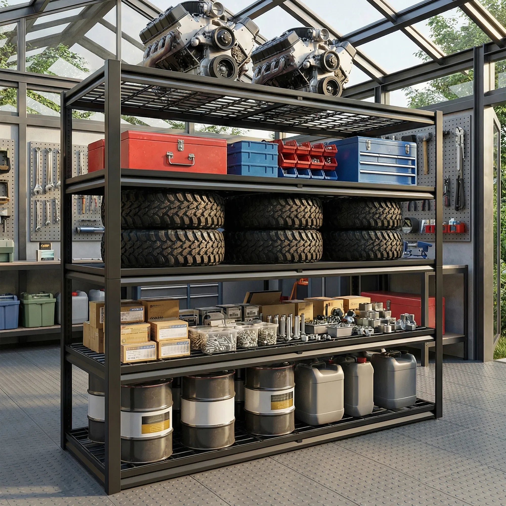 REIBII 55.2″ W 5-Tier Adjustable Metal Shelving, 3000lbs Heavy Duty Garage Shelves for Basement, Warehouse & Home Storage