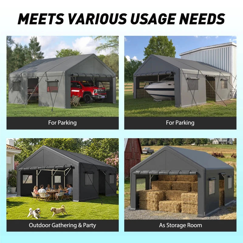 REIBII Heavy Duty Carport, 20x20 FT Portable Garage Carport, All Weather Portable Garage Shelter,  Removable Sidewalls, Outdoor Storage & Party Tent