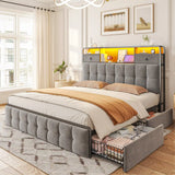 EnHomee Queen Bed Frame with 4 Storage Drawers,Upholstered Headboard Built in Charging Station