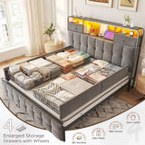 EnHomee Queen Bed Frame with 4 Storage Drawers,Upholstered Headboard Built in Charging Station