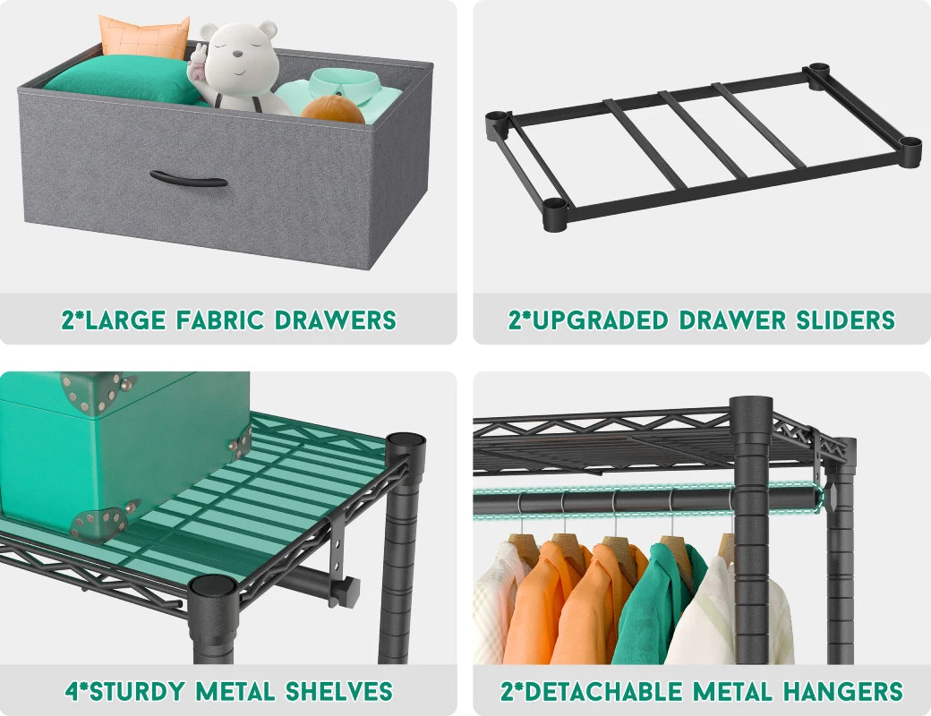 REIBII Clothes Rack With Drawers, Freestanding & Portable Closet Garme ...