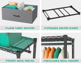 REIBII heavu duty wire clothes rack with 2 large drawers,  4 sturdy metal shelves and 2 detachable metal hanging rods to meet more needs