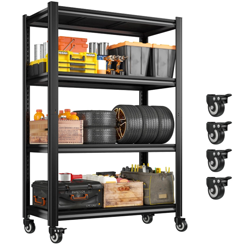 REIBII 59.8"H 4-Tier Rolling Storage Shelves, 530lbs Adjustable Pantry Shelves, Kitchen, Basement