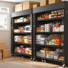 REIBII 35" W Metal Wire Shelf with Covers & Wheels, 5-Tier Adjustable Wire Storage Racks for Closet Kitchen Basement