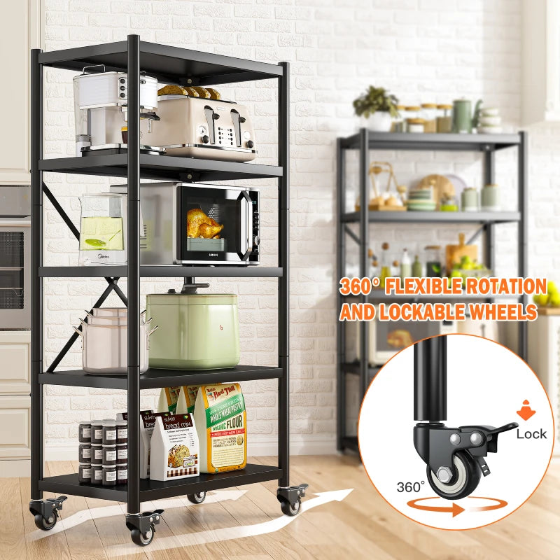 REIBII Metal Kitchen Bakers Rack with Wheels, 5-Tier Rolling Microwave Stand Cart, Free Standing Kitchen Storage Shelf