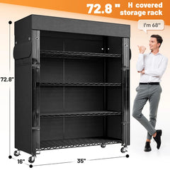 REIBII 35" W Metal Wire Shelf with Covers & Wheels, 5-Tier Adjustable Wire Storage Racks for Closet Kitchen Basement