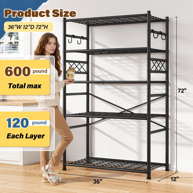 REIBII 36" Metal Storage Shelves with Hooks, Garage Shelving Unit 800lb Capacity, Easy Assembly Industrial Rack for Pantry, Kitchen, Laundry Room