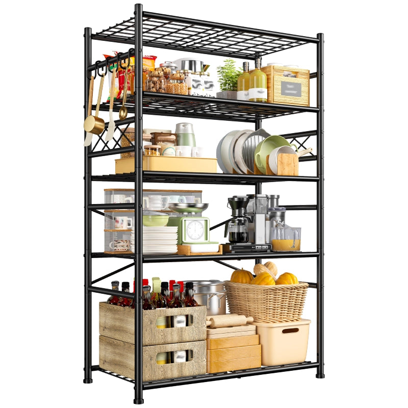 REIBII 36" Metal Storage Shelves with Hooks, Garage Shelving Unit 800lb Capacity, Easy Assembly Industrial Rack for Pantry, Kitchen, Laundry Room