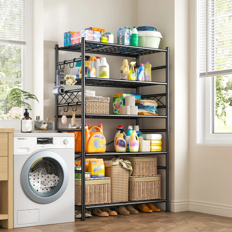 REIBII 36" Metal Storage Shelves with Hooks, Garage Shelving Unit 800lb Capacity, Easy Assembly Industrial Rack for Pantry, Kitchen, Laundry Room