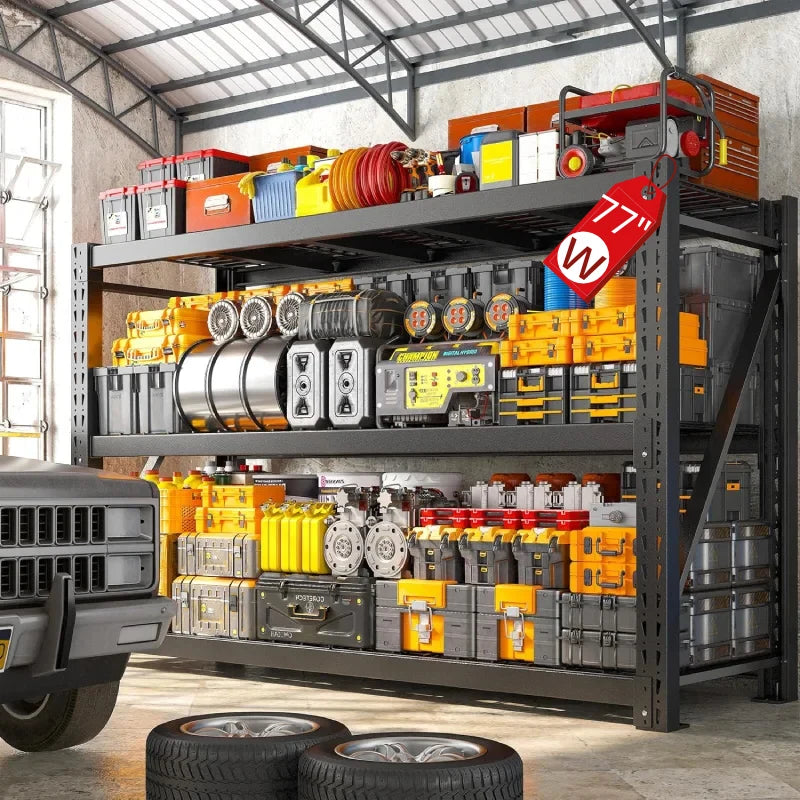 REIBII 77" W x 66"H Ultra Wide Garage Shelving 6600LBS Heavy Duty Storage Shelves 3 Tier Metal Shelving Unit Adjustable Utility Shelves for Basement, Garage, Warehouse