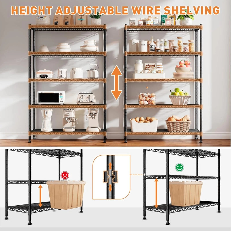 Reibii 5-Tier Wire Shelving Units, Metal Storage Shelves with Wheels,