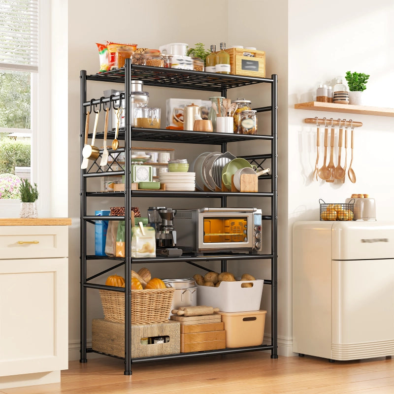 This kitchen storage rack keeps frequently used cooking supplies visible and within easy reach while reducing countertop clutter.